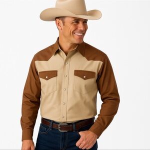 Gibson Men's Western Cowboy Denim Shirt Sz Med Brown/Tan All Cotton Pearl Snaps
